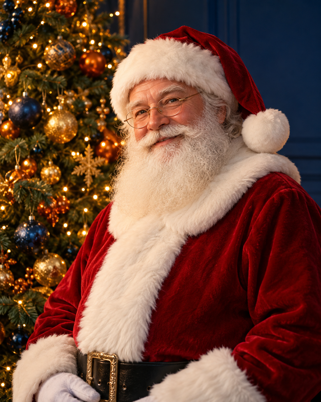 Papai Noel ao lado de uma árvore de Natal com luzes e enfeites dourados